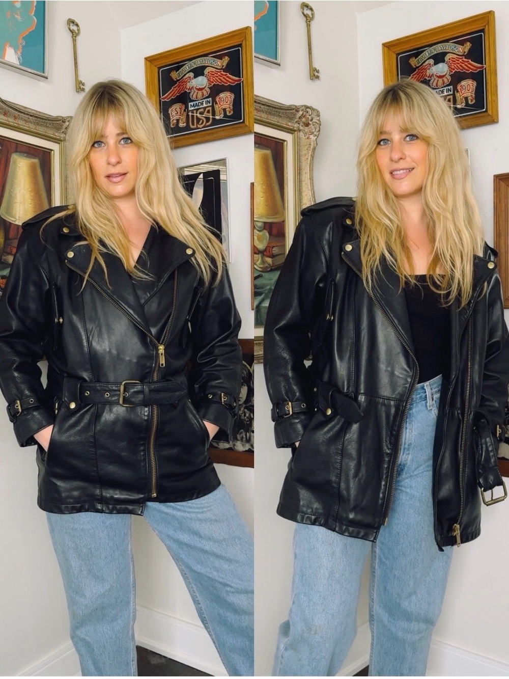 Vtg Cosa Nova Black Genuine Leather Belted Moto Biker Jacket Women's Size M
